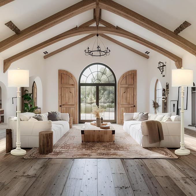 Floor Lamps for Living Room - 60" Resin Farmhouse Floor Lamp with 3 Color Temperatures - Vintage Standing Lamp Reading Light with Linen Shade Retro Tall Lamp for Bedroom Office, Almond White