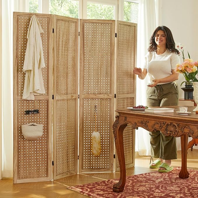 Room Divider Freestanding Folding Pegboard Privacy Screen | 4-Panel Display Stand for Jewelry, Craft Shows, Retail | Natural Wood, Portable & Space-Saving Design (Natural)