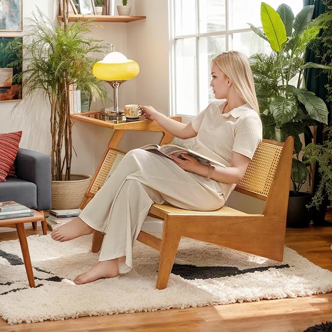 Rattan Accent Chair for Living Room, Mid Century Side Chair, Comfy Bamboo Chairs for Bedroom Reading Room, Wood