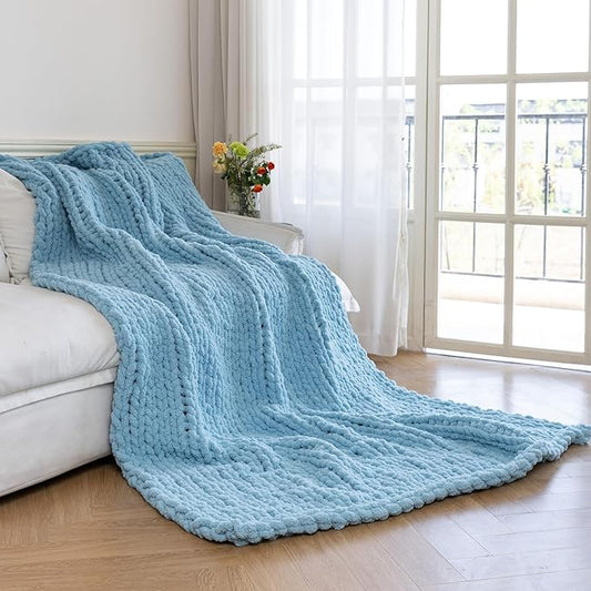 Chunky Knit Blanket - Luxury Soft Cozy 50 * 60 Throw Blanket,100% Woven Blanket Rope Knot Throw Blanket for Couch, Sofa, Home Decor, Gift - Machine Washable(Light Blue)