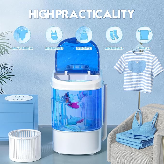 Superday Mini Portable Washing Machine, Single Tub Compact Washing Machine with Spin Cycle, 6.6LBS Washing Capacity Small Electric Washer Machine for Home, Apartments, Outdoor, RV, Dormitory, Blue