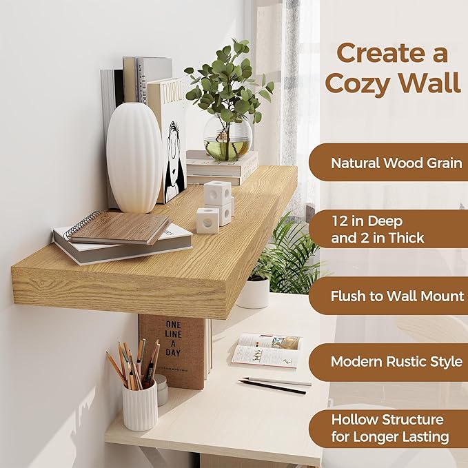 Floating Shelves 36 Inch Long, 12 Inch Deep Floating Shelves for Wall, 36 x 12 Shelves for Wall Storage & Display, 2" Thick Floating Shelf for Bathroom, Living Room, Bedroom, Oak Color, Set of 2