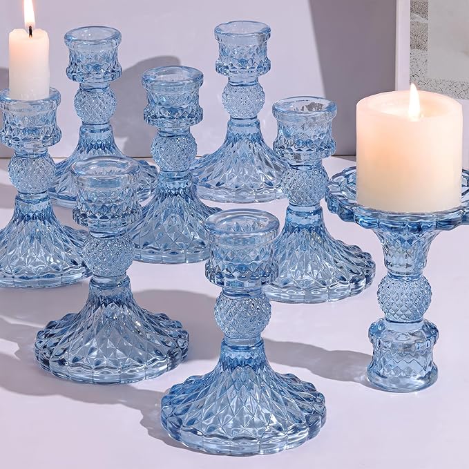 12Pcs 4" H Aqua Blue Candlestick Holders Set- Taper Candle Holders Bulk, Glass Candle Holders for Wedding, Party, Romantic Dinner Table Centerpieces, Festival Gifts & Windowsill Decor