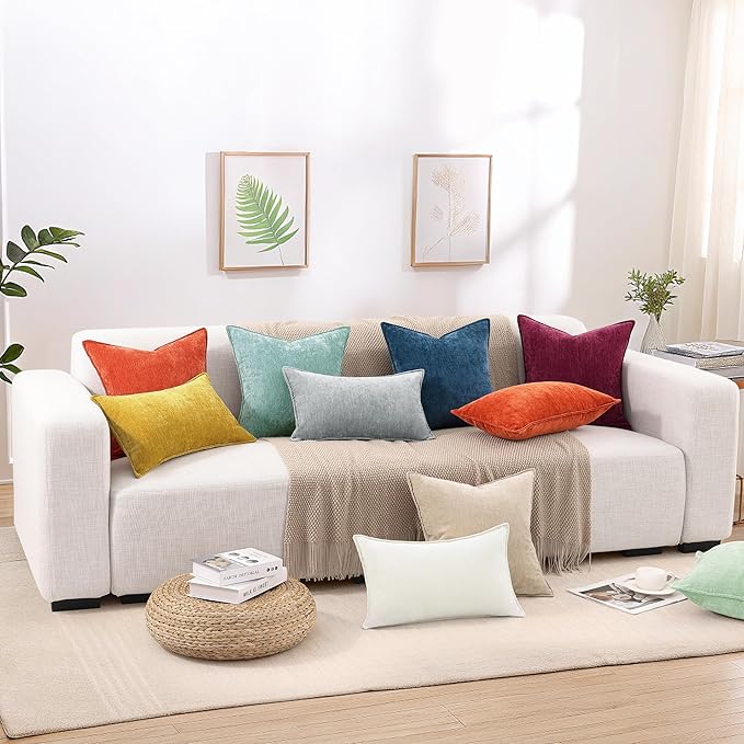 decorUhome Couch Throw Pillow Covers 12x20 Set of 2, Decorative Soft Euro Neutral Chenille Lumbar Pillow Covers with Elegant Design for Sofa Bed Living Room Home Decor, Beige