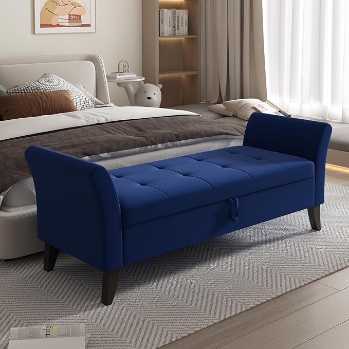 Furniliving Storage Ottoman Bench, Velvet Benches End of Bed Bench with Solid Wood Legs Upholstered Ottoman Bench with Storage Indoor Bench for Living Room with Rolled Arm, Entryway, NavyBlue