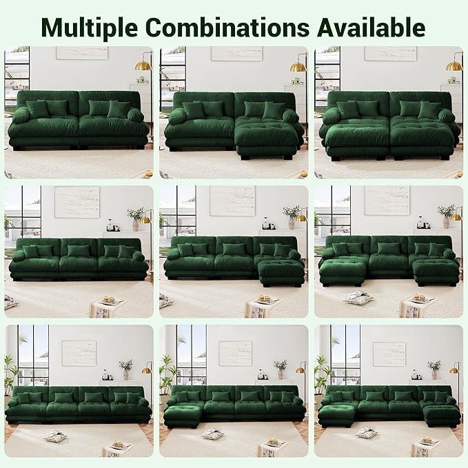 Modular Sectional Sofa, Comfy Cloud Couch Oversized Loveseat with Ottoman, Sectional Couches for Living Room, Modern Chenille L Shaped Couch, Sleeper Deep Seat Sofa with Throw Pillows, Green