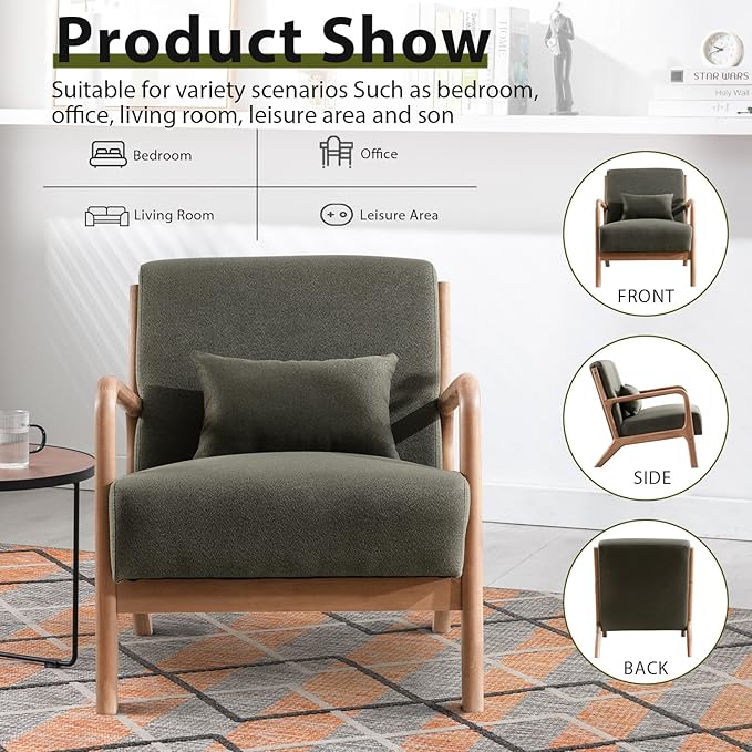 INZOY Mid Century Modern Accent Chair with Wood Frame, Upholstered Living Room Chairs with Waist Cushion, Reading Armchair for Bedroom Sunroom (Green)