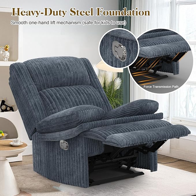 Recliner Chair for Adults, Oversized Manual Pull Tab Reclining Chair, 2-Tier Cushions, Minimalist Style Single Sofa for Living Room, RV (Corduroy)