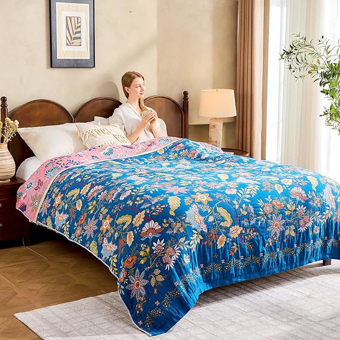 Fall Throw Blanket for Couch, Blue Boho Decorative Throw Blanket, 100% Cotton Muslin Breathable Woven Farmhouse Blankets Quilt, 50"x60" Reversible Lightweight Blankets Bohemian Throw Quilt