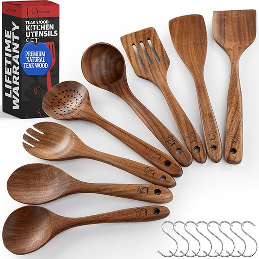 PriorityChef Premium Wooden Spoons for Cooking - 8pc Smooth Finish Teak Utensil Set with Hanging Hooks, Heat-Resistant & Nonstick Safe, Ideal for Gifting
