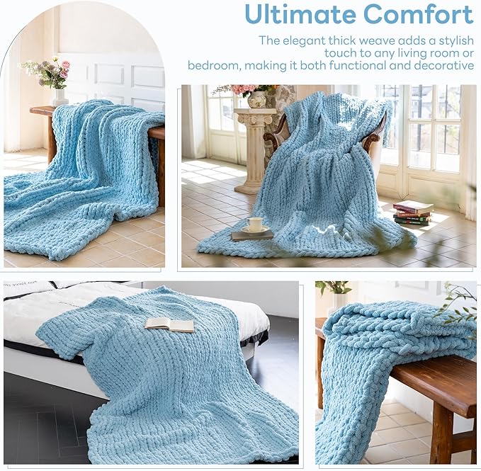 Chunky Knit Blanket - Luxury Soft Cozy 60 * 80 Throw Blanket,100% Woven Blanket Rope Knot Throw Blanket for Couch, Sofa, Home Decor, Gift - Machine Washable(Light Blue)