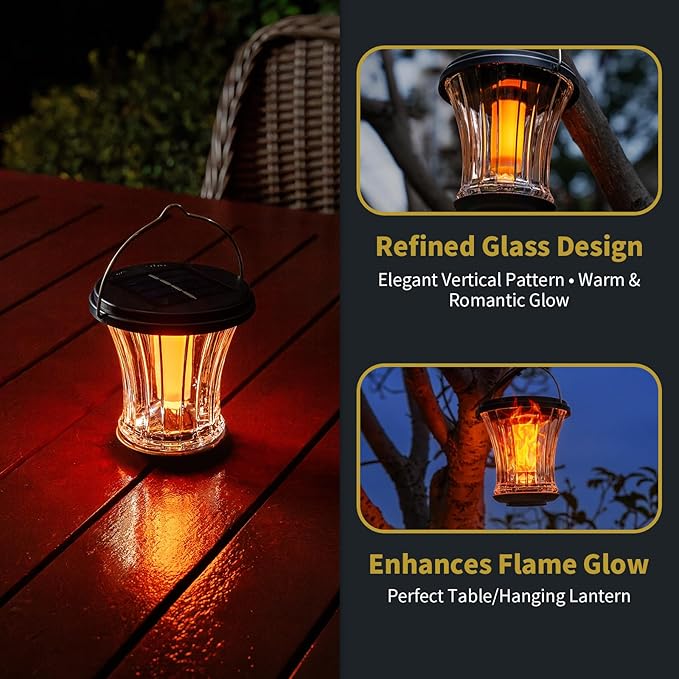 Glass Solar Lantern Outdoor Lights Waterproof, Flickering Flame Solar Lights with Modular Design, Auto On/Off Decorative Hanging Lanterns for Patio Garden Pathway Camping Deck Yard (2 Pack)