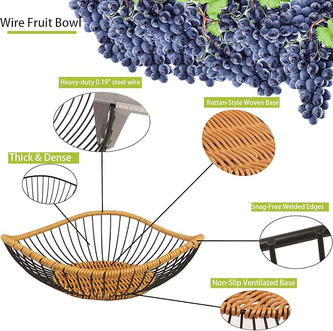 Vine Woven Iron Fruit Bowl, Metal Wire Fruit Basket, Vegetable Drain Basket, Storage Baskets for kitchen counter, countertop,Snacks, Candy, Bread,Cosmetics,Table decorative(10 x 2.95 Inches)