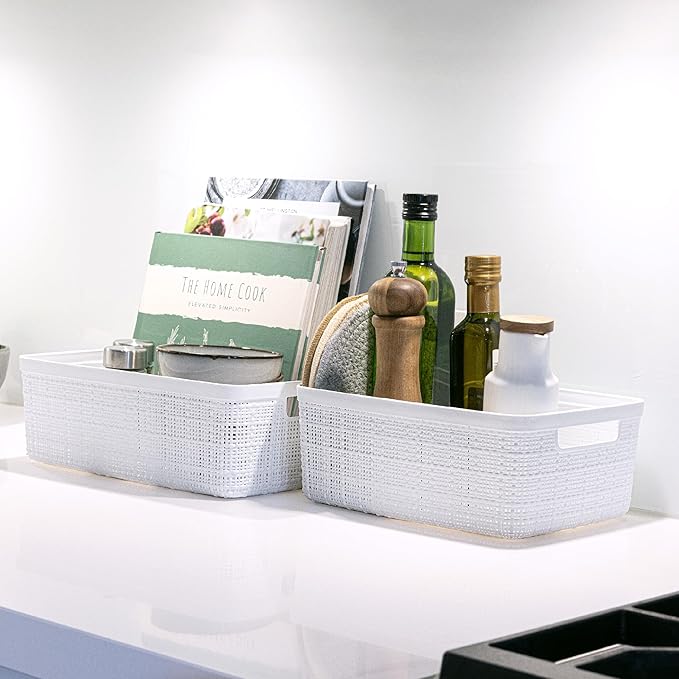 Curver Set of 8 Jute Small Decorative Plastic Organization and Storage Baskets, Perfect Bins for Home Office, Closet Shelves, Kitchen Pantry and All Bedroom Essentials