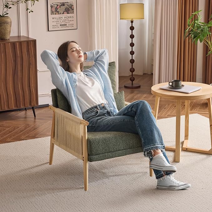 VINGLI Boho Braid Accent Armchair,Mid-Century Modern Chiar with Solid Wooden Armrest,Comfy Louge Cushion Chair with Waist Pillow for Bedroom,Living Room,Reading Room, Dark Green