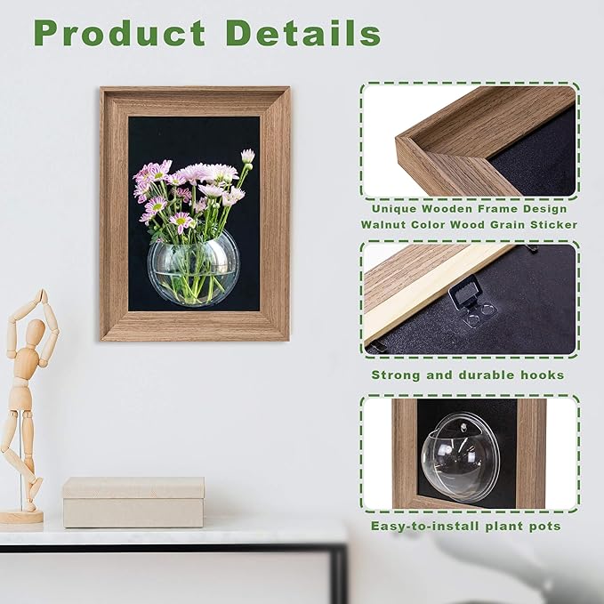 Walnut Wooden Frame Wall Hanging Planter for Hydroponic Plants,12'' x16''inch Wall Vase with Oblate-Shaped Acrylic Propagation Station,Bathroom, Office, or Living Room Decor, Set of 3