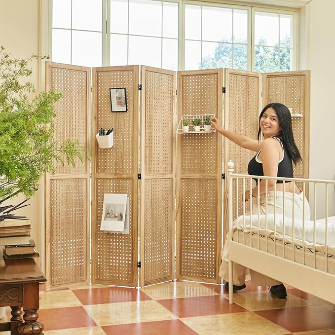 Room Divider Freestanding Folding Pegboard Privacy Screen | 6-Panel Display Stand for Jewelry, Craft Shows, Retail | Natural Wood, Portable & Space-Saving Design