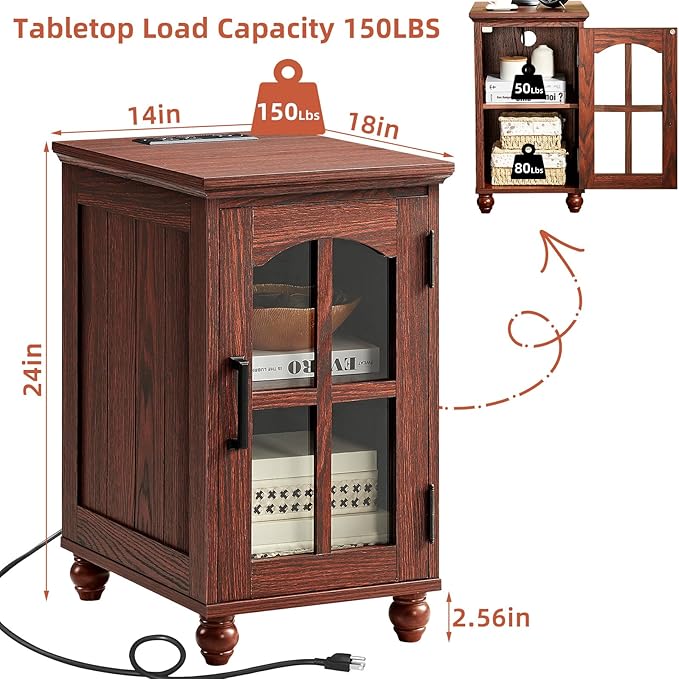 Narrow Side Table,Farmhouse Nightstand with Charging Station,Wood End Table with Glass Barn Door Storage, Cabinet Organizer with Adjustable Shelf, Night Stand for Small Spaces for Living Room Bedroom