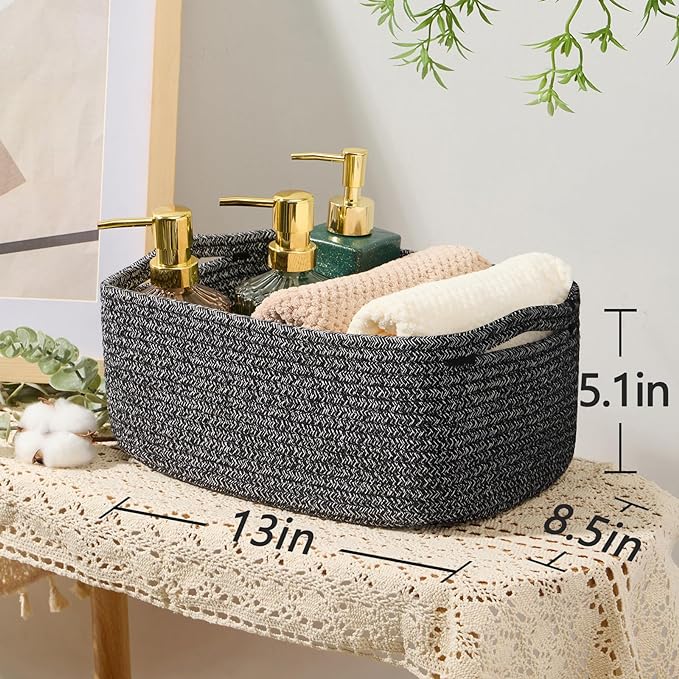 Small Storage Baskets for Organizing | Closet Organizer Bins | Shelf Toy Basket | Woven Rope Baskets | Cube Decorative Box | Shallow Basket | 13x8.5x5.1” | 4 Packs Dark Gray