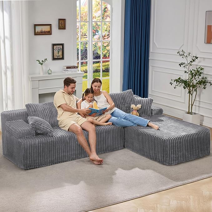 Hobestluk Modular Sectional Sofa Couches 108" L-Shape Couch 3 Seat Modular Sofa Memory Foam Sectional Couches for Living Room, Boneless Couch with Oversized Chaise (Light Grey, Right Facing)