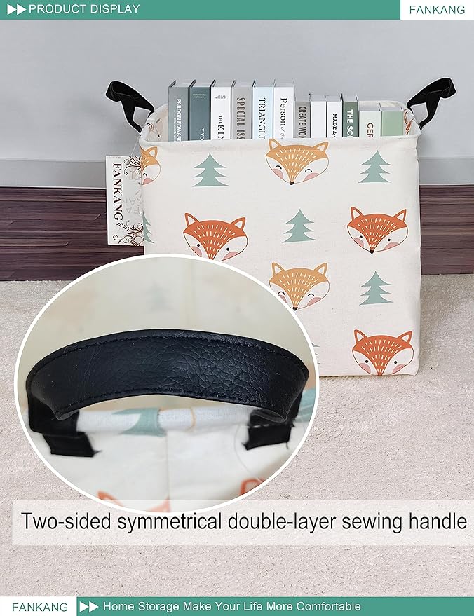 FANKANG Square Nursery Hamper Storage Bins Canvas Laundry Basket Foldable with Waterproof PE Coating Storage Baskets Gift Baskets for Children, Office, Bedroom, Clothes(Square-Fox)