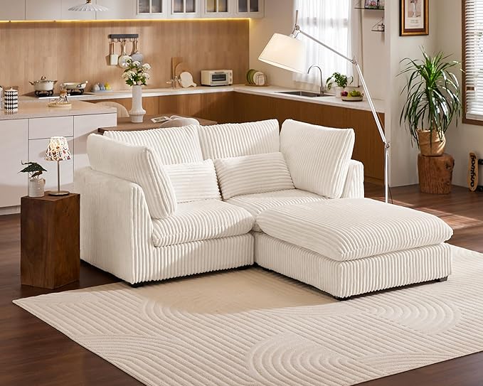 Oversized Modular Sofa, Extra Deep Cloud Corduroy Sectional Couch with Ottoman Chaise, Fluffy Chenille Loveseat L Sofa for Living Room, Villa (Loveseat+Ottoman, Corduroy White)