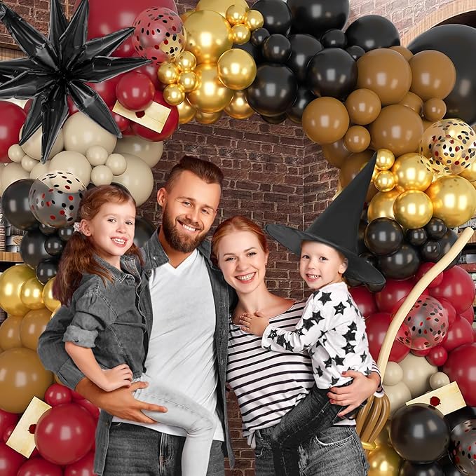Amandir Magical School Balloons Arch Garland Kit, Maroon Burgundy Black Gold Confetti Balloons with Witch Hat Foil Star Balloon for Magic Themed Birthday Decorations Baby Shower Party Supplies