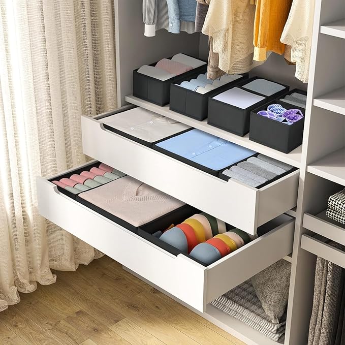DIMJ Drawer Organizer 15 Pack - Foldable Baby Organizers and Storage & Dresser Organizer for Nursery, Bedroom, Closet - Nursery Organization Dresser Dividers for underwear, Sock,Bra, Belt, Tie,Black