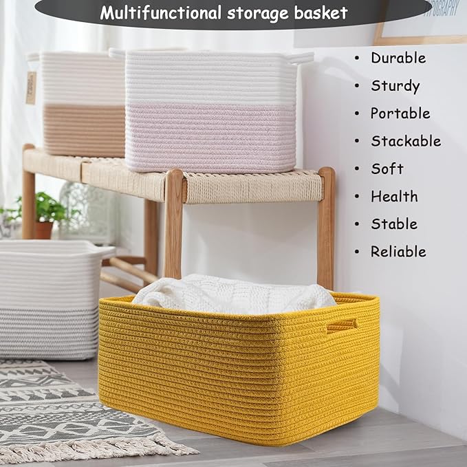 COMFY-HOMI Cotton Rope Woven Basket with Handles for Shelves,Toys,Book, Cloth Storage Baskets for Organizing-17" x 13" x 7.5" Toy Decorative Organizer for Living Room, Bathroom (Yellow)
