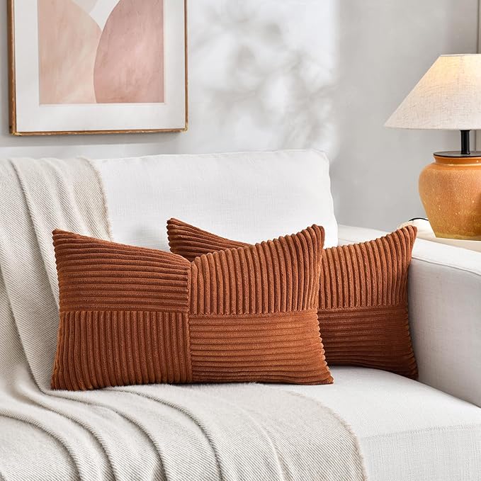 Fancy Homi 2 Packs Rust Lumbar Decorative Throw Pillow Covers 14x24 Inch for Couch Bed Sofa, Rustic Farmhouse Boho Home Decor, Soft Striped Corduroy Rectangle Accent Terracotta Cushion Case 35x60 cm