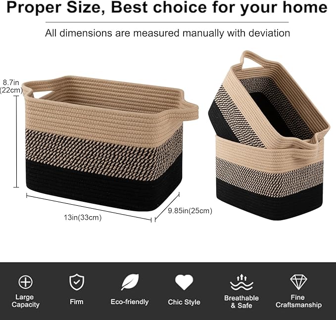OIAHOMY Storage Basket, Woven Baskets for Storage, Cotton Rope Basket for toys,Towel Baskets for Bathroom - Pack of 3, Black & Brown