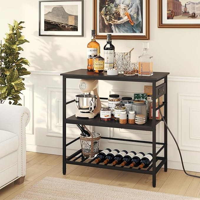 IBUYKE Kitchen Island with Storage, Bakers Rack with Power Outlet,Microwave Stand with Large Worktop,Rolling Bar Cart for Home, Outdoor, Kitchen,Black TMJ029B