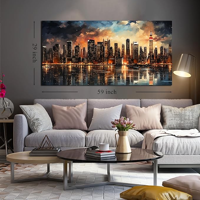 New York Skyline Wall Art for Office,Modern Living Room Wall Paintings City Wall Decor for Bedroom 29 x 59 Inch