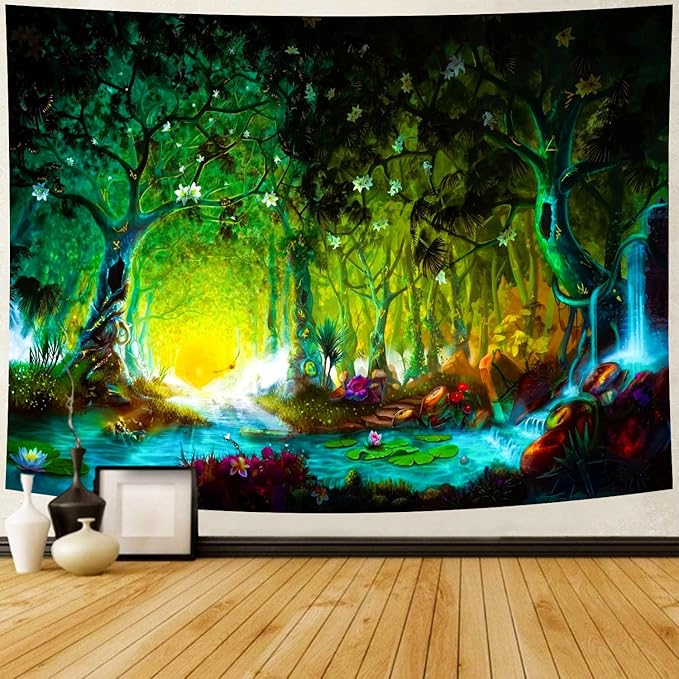 Delur Fantasy Forest Tapestry Mystical River Enchanted Magical Fairy Tale Tree Tapestry Sunrise Landscape Sunset Nature Psychedelic Wall Hanging Headboard for Bedroom Living Room Home Decor (51.2" x 59.1")