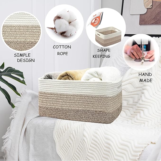 COMFY-HOMI Cotton Rope Woven Basket with Handles for Shelves,Toys,Book, Cloth Storage Baskets for Organizing-17" x 13" x 7.5" Toy Decorative Organizer for Living Room, Bathroom (white/3 brown)