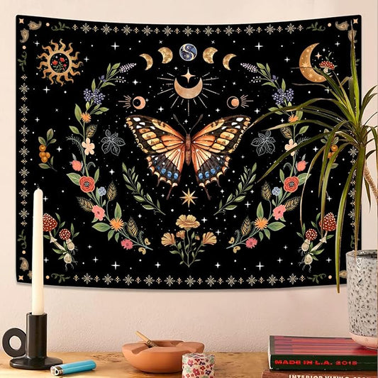 Lunerfex Boho Butterfly Tapestry Flower Moon Wall Tapestry, Moon Phases Tapestries for Bedroom Cute Tapestries Wall Hanging for Bedroom Living Room Decor Butterfly-1 44"x60"