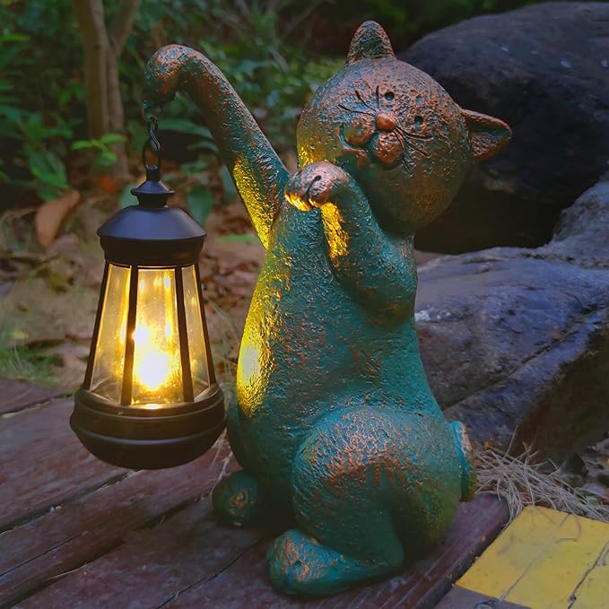 JOYBEE Garden Statues Cat with Solar Lantern Outdoor Decor-Cat Solar Figurines Lights Decorations for Patio Yard Lawn Ornaments-Gifts for Birthday Easter Housewarming