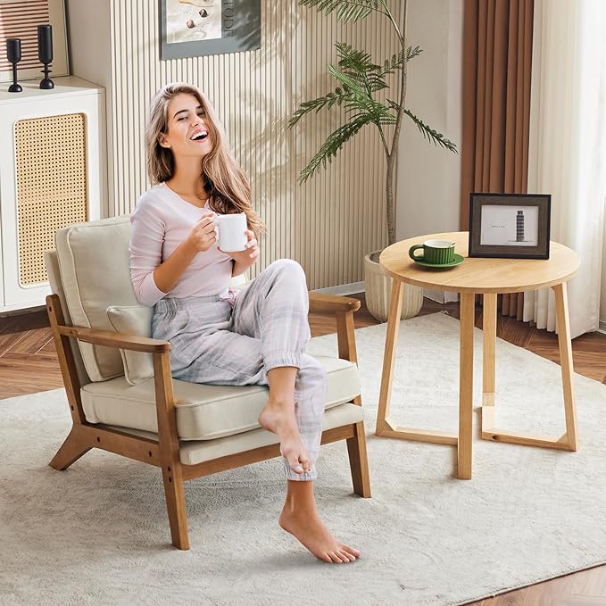 Karl home Accent Chair Wide Armrest Mid-Century Lounge Chair Linen Fabric Armchair with Lumbar Pillow & Solid Wood Frame for Living Room, Bedroom, Balcony, Beige