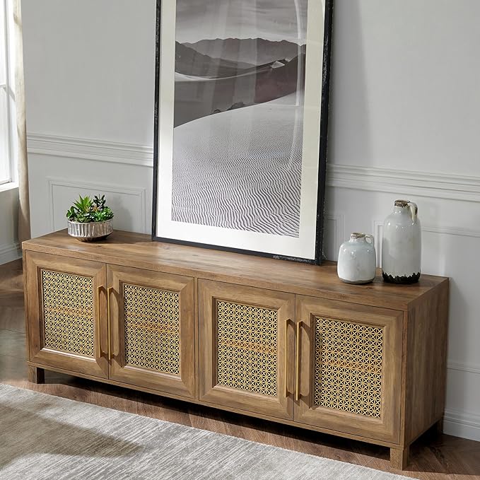 JYED Mid Century Modern TV Stand for TVs up to 75 Inch, with Hollow Metal Mesh Decorated,Boho TV Console with Storage Cabinet,Cable Holes, TV Stand for Living Room, 69.5"x15.6"x24.8", Rustic