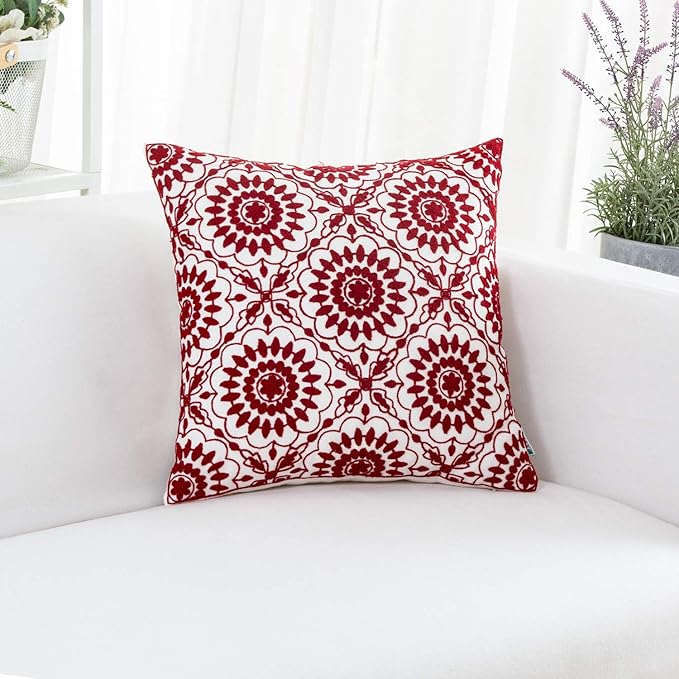 HWY 50 Red Decorative Throw Pillow Covers 18x18 Inch, Pack of 2 Embroidered Cotton Farmhouse Cushion Cover Pillow Case for Sofa Couch Living Room Bed Bedroon, Little Sunflower Design