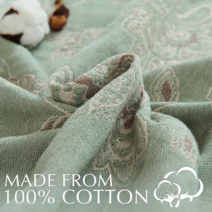 jinchan Boho 100% Cotton Muslin Twin Size 50x60 Inches Blanket Lightweight 4-Layer Quilted Soft Green and Beige Floral Throw Blanket Reversible Comfy Flower Breathable All Seasons Couch Bedroom Decor