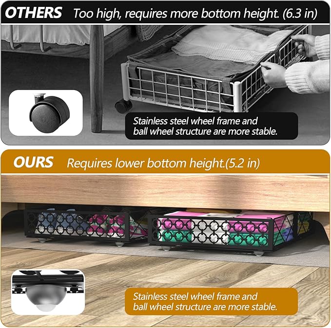 NADAMOO Large Under Bed Storage with Wheels, Low Profile Rolling Under Bed Storage Containers,Foldable Metal Under the Bed Organizer Bins for Bedroom,1 Pack