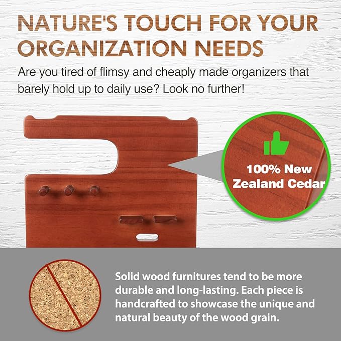 Solid Wood Nightstand Organizer by SolaJoy, Docking Station, Gifts for Men, Made of Cedar, Versatile Bedside Table Organizer for Cellphone, Watch, Headphone, Keys Walnut Wood
