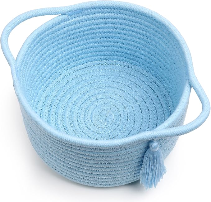 Empty Gift Basket Mini Woven Rope Organizer Baskets for Baby Shower, Vanity, Makeup Brushes, Bathroom, Shelves, Desk - Small Decorative Storage Bins - Set of 2, Pre-Shaped, Soft Blue