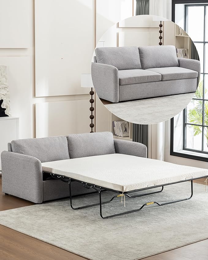 Queen Size Pull Out Sofa Bed, 2 in 1 Convertible Sleeper Sofa Couch with Pullout Bed, Memory Foam Mattress for Living Room Office, Space-Saving, Light Grey