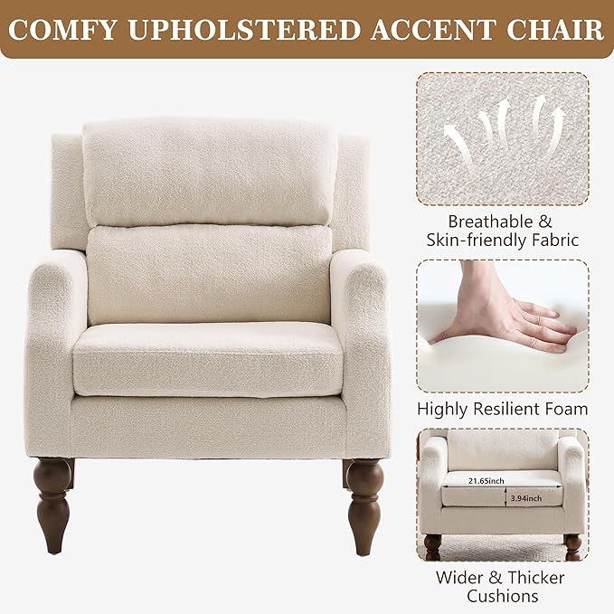 Kidol & Shellder White Oversized Accent Chair for Living Room Set of 2 Modern Reading Chair with Back Wide Upholstered Comfy Single Sofa Chair for Bedroom Lounge Side Corner Fabric Armchair