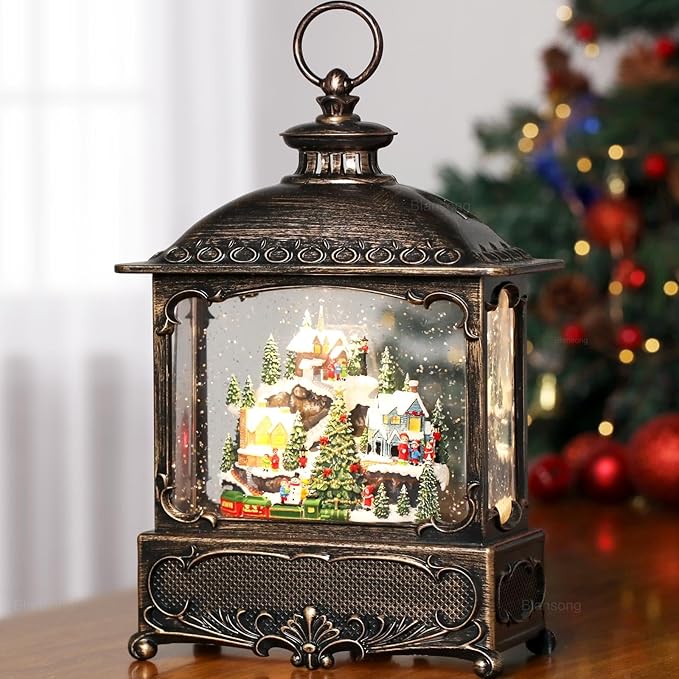 Village Snow Globe Christmas Decorations Gifts Auto Snowfall Glitter Music Collection Village Scene Train Tree Church Snowman with 6H Timer USB/Battery Powered 12 inch