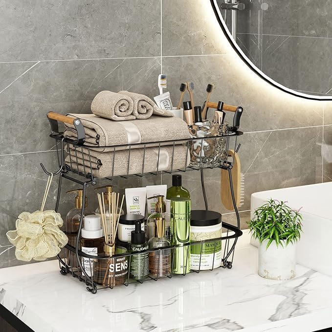 ANTOPY 2 Tier Fruit Basket with 2 Banana Hangers, Countertop Fruit Vegetable Basket Bowl for Kitchen Counter Metal Wire Fruits Storage Stand Holder Organizer for Bread Snack Veggies Produce