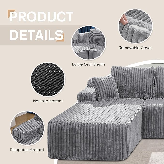 Hobestluk Modular Sectional Sofa Couches 108" L-Shape Couch 3 Seat Modular Sofa Memory Foam Sectional Couches for Living Room, Boneless Couch with Oversized Chaise (Light Grey, Left Facing)
