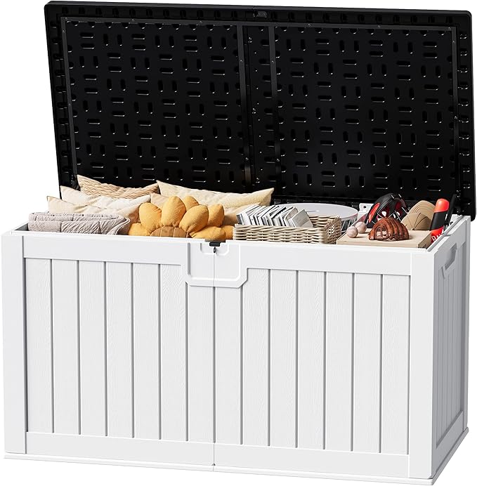 JUMMICO 250 Gallon Outdoor Resin Deck Box with Divider, Waterproof Storage Box with Lockable Lid&Side Handles for Garden Tools, Pools Supplies (White with Black Cover)